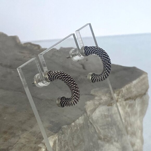 Oxidized Sterling Silver 925 Pap Twisted Braid Half Hoop Earrings 14K Gold Post - Picture 3 of 16